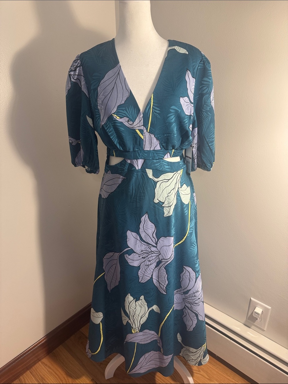 Teal Floral V-Neck Dress with Cutout Waist NWT